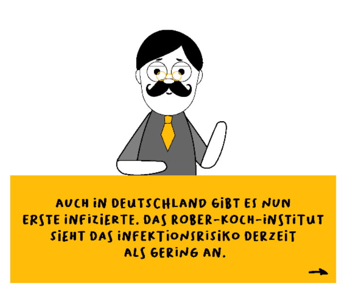 Bild eines comichaften Nachrichtensprechers, der sagt: "Auch in Deutschland gibt es nun erste infizierte. Das Rober-Koch-Institut sieht das Infektionsrisiko derzeit als gering an."