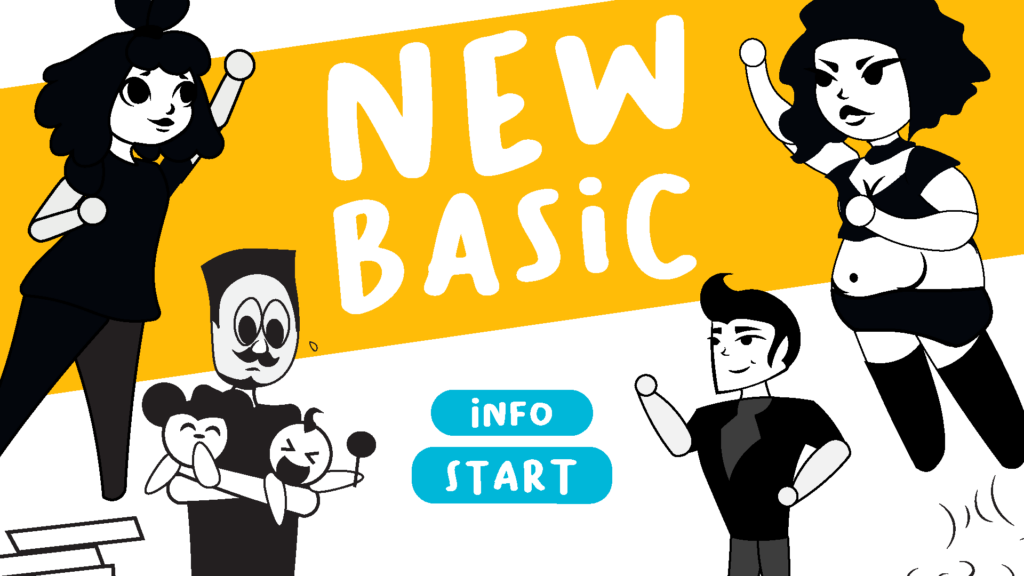 Bild mit vier Comicfiguren und dem Text 'New Basic'. Es gibt auch zwei Buttons mit den Beschriftungen 'Info' und 'Start'.