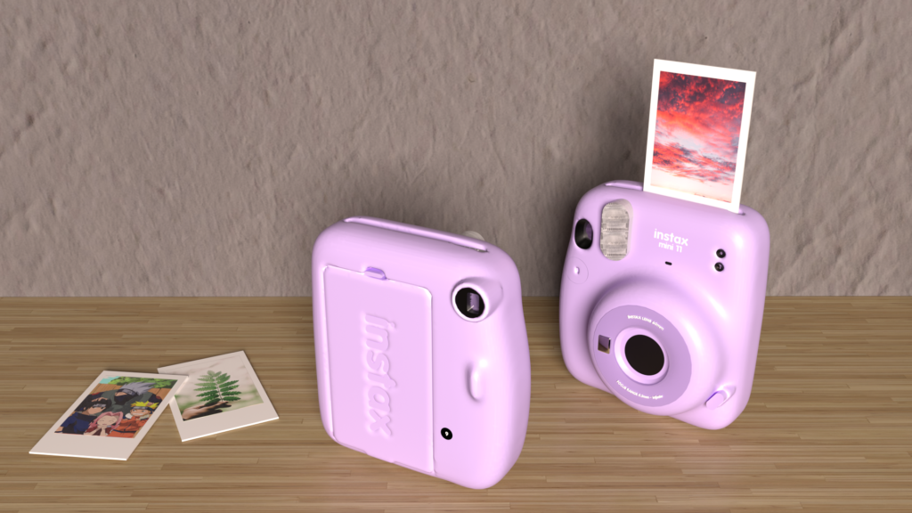 3D-Rendering showing a lilac instax mini 11 and three polaroid images showing a red sky, a plant and a groupimage of characters from Naruto.