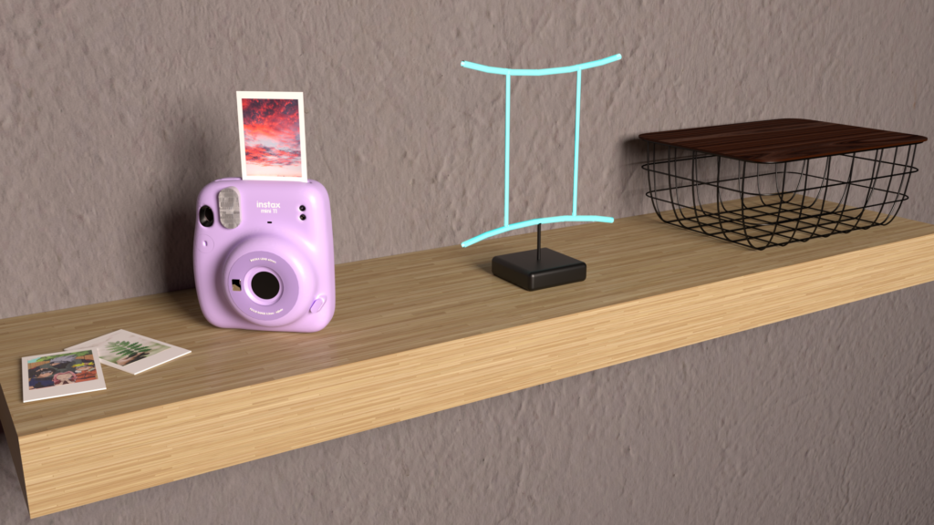 3D-Rendering showing a lilac instax mini 11, three polaroid images, a light in the form of a gemini sign and a metal basket with wood cover.