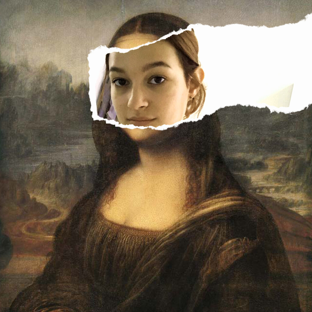Edited picture of the Mona Lisa with a peperlike mask revealing face of a young woman.