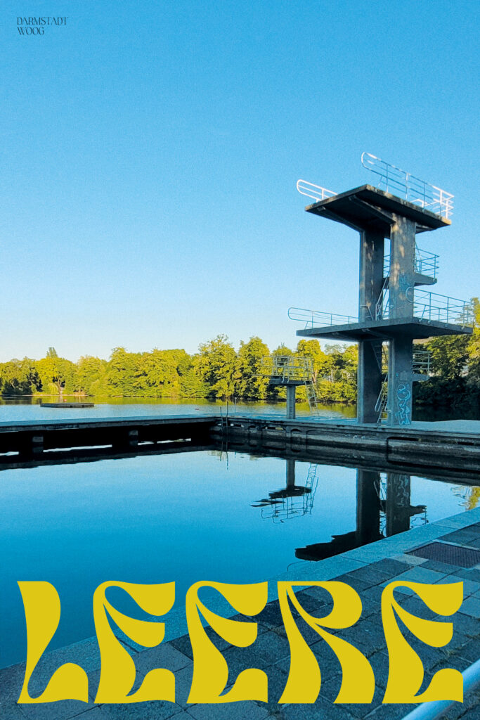 Poster design featuring edited picture of the empty Woog in Darmstadt. Text: 'Darmstadt Woog' and 'Leere'