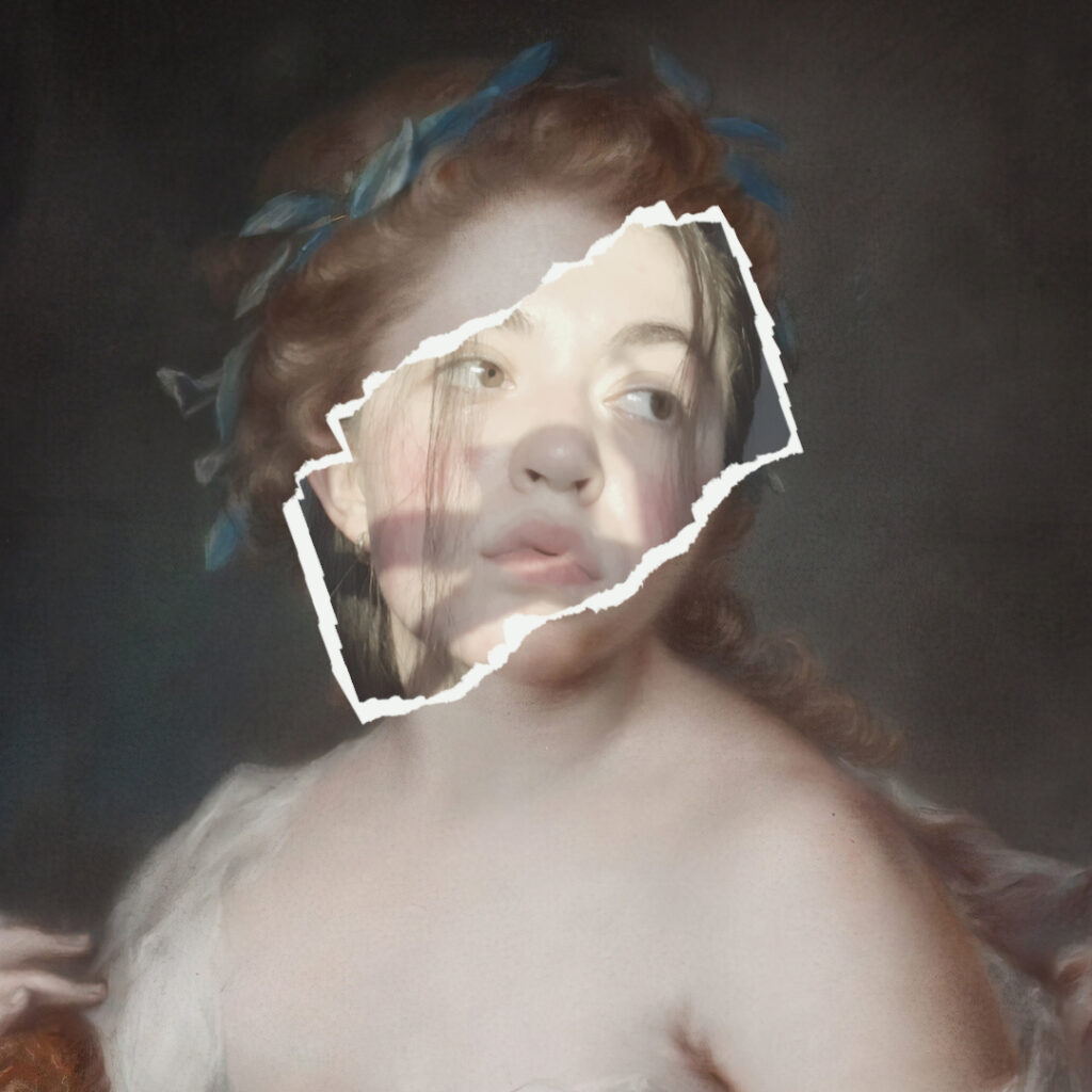 Edited picture of an old painting with a peperlike mask revealing face of a young woman (Veronika Haidarow).