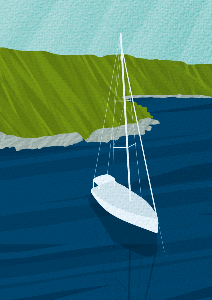 Illustration of a boat on water with green hills in the background and a lightblue sky