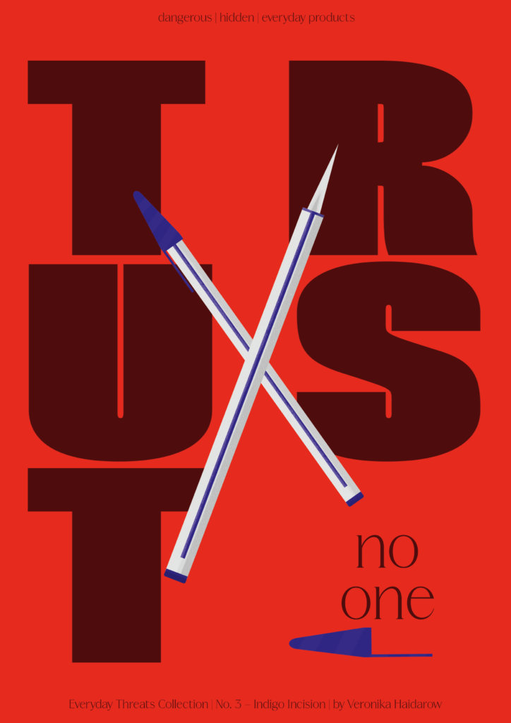 Poster design featuring illustrated hidden knife inside a pen. Text: 'dangerous | hidden | everyday products' and 'Trust no one' and 'Everyday Threats Collection | No.3 - Indigo Incision | by Veronika Haidarow'